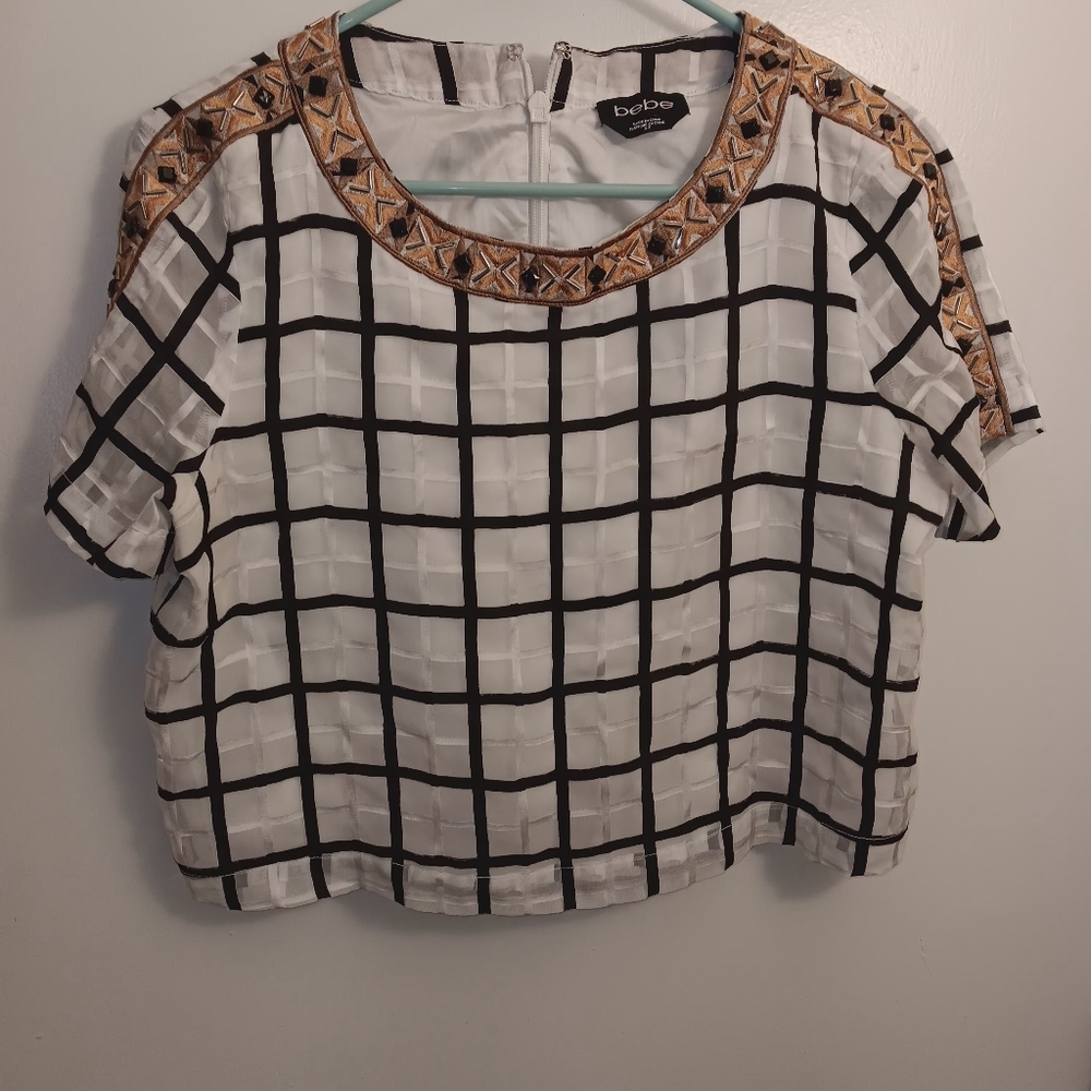women's Black white BeBe blouse size small.